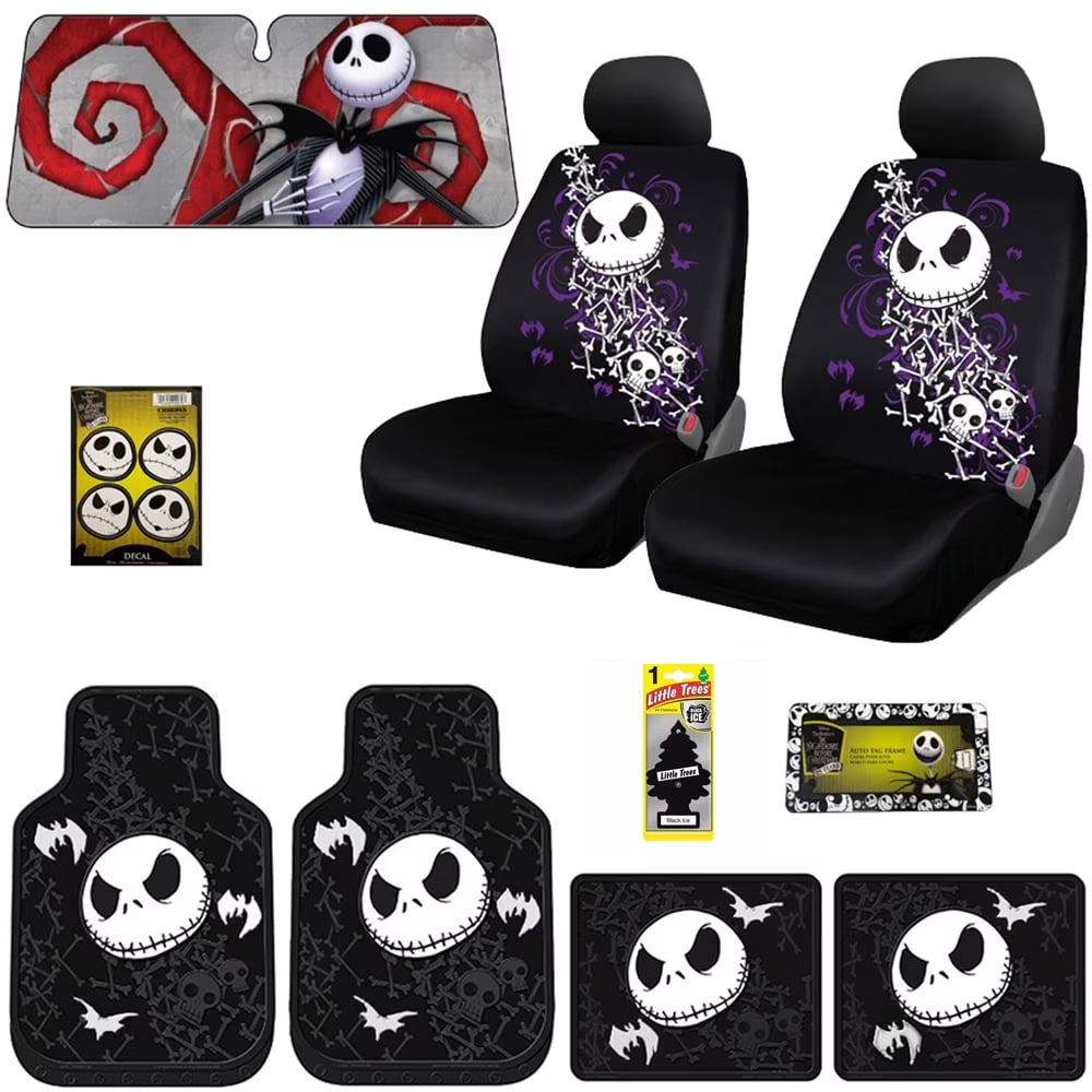 Nightmare Before Christmas Jack Skellington 12-Piece Car Accessory Bundle Set - Officially Licensed Car Seat Covers, Floor Mats, Sunshade, and More by Yupbizauto