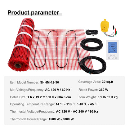KFFKFF Underfloor Heating Mat, 30 Sq.ft, Electrical Ground Warming System with Digital Temperature Sensing Thermostat, Comes with Installation Monitor, Sticky Back for Simple Setup on The Ground