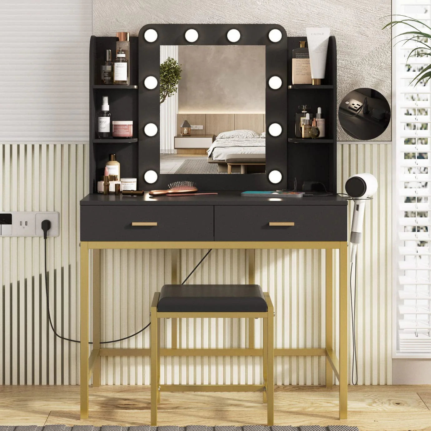 Makeup Vanity with Lighted Mirror & Power Strip, White Vanity Set Vanity Desk with Hair Dryer Holder, Modern Makeup Vanity 3 Lighting Colors, Brightness Adjustable, 35.5in(W)