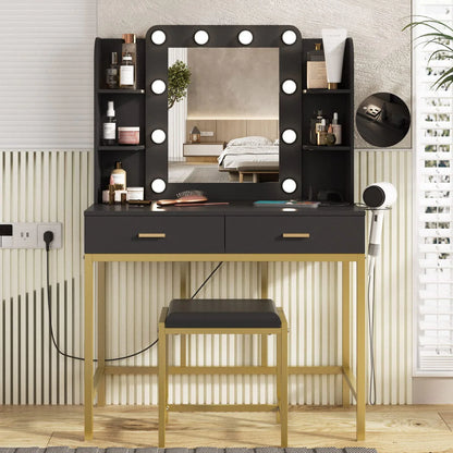 Makeup Vanity with Lighted Mirror & Power Strip, White Vanity Set Vanity Desk with Hair Dryer Holder, Modern Makeup Vanity 3 Lighting Colors, Brightness Adjustable, 35.5in(W)