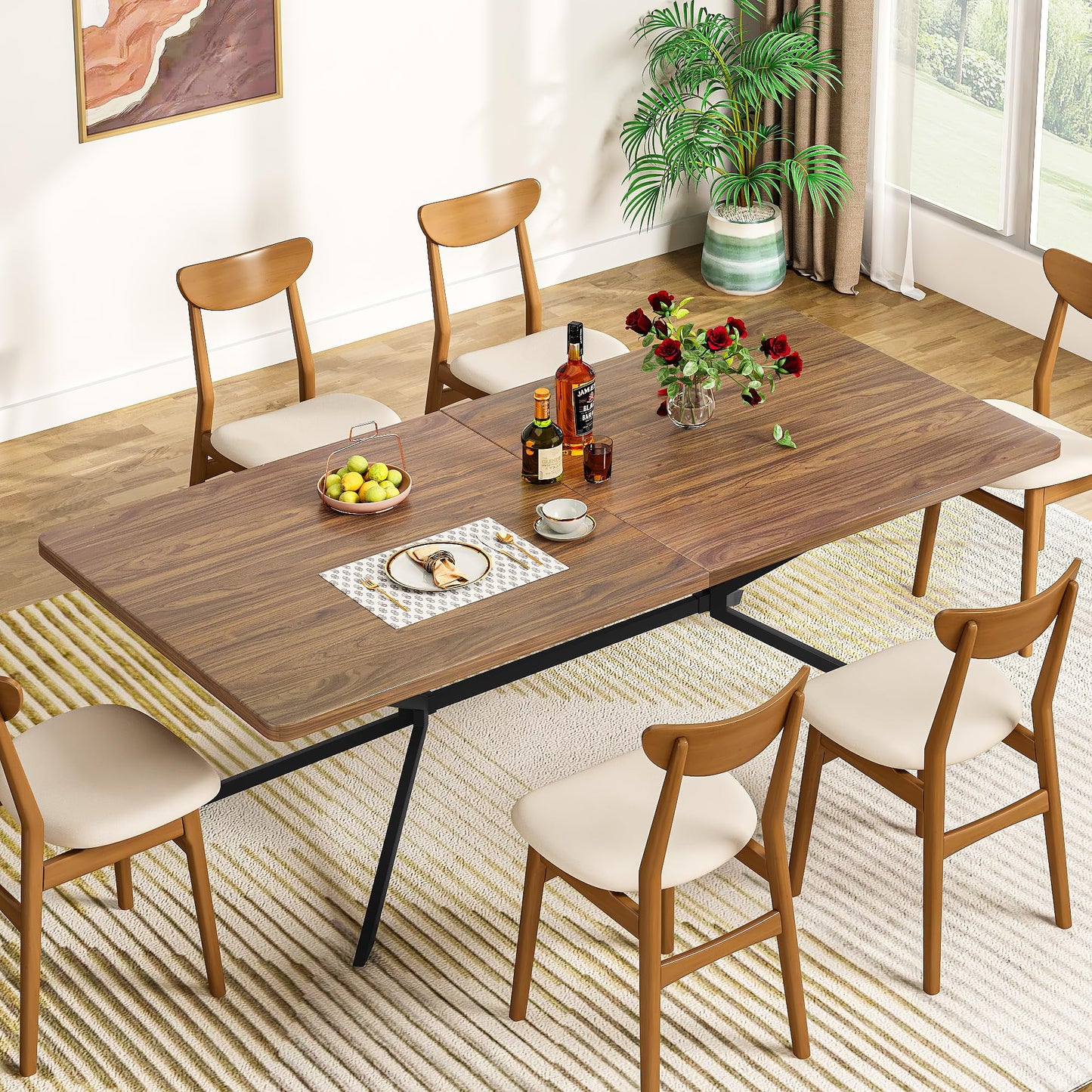 Baxluxe Mid Century Modern Dining Table 70.8 Inch, 6-8 Person Rectangular Kitchen Table with X-Shaped Metal Legs, Wooden Surface Coffee Tables for Living Room, Dining Room, Breakfast Nook, Brown