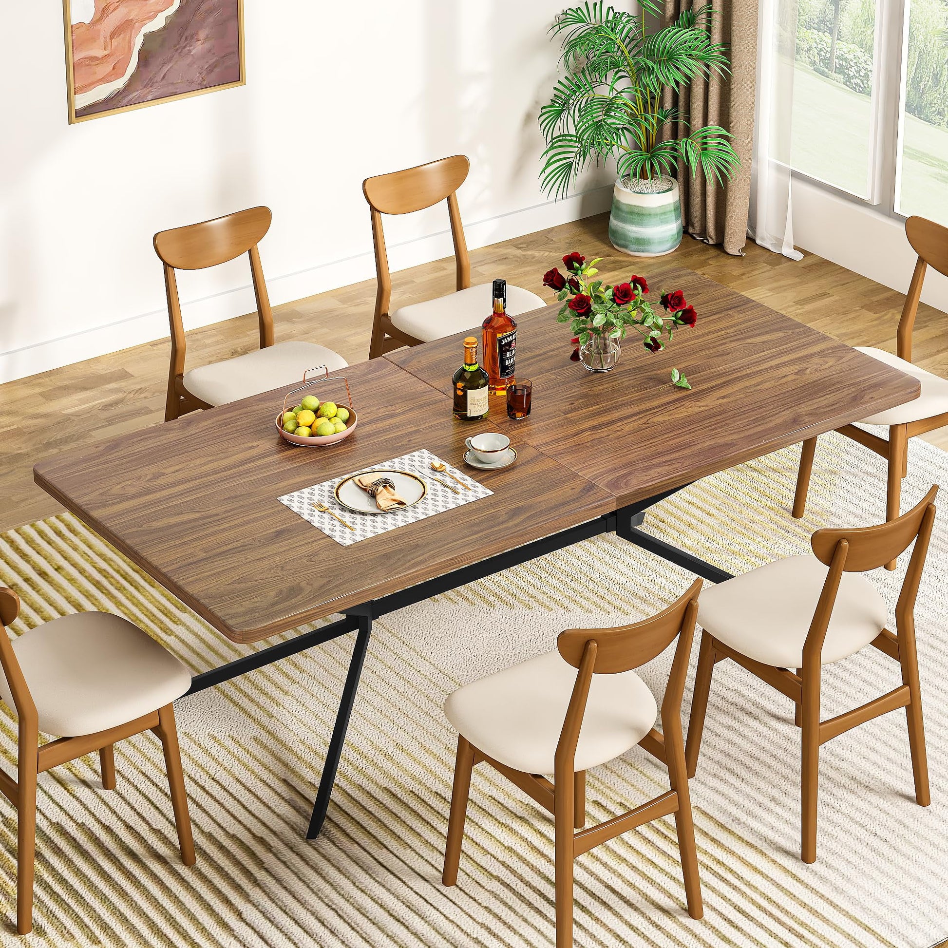 Baxluxe Mid Century Modern Dining Table 70.8 Inch, 6-8 Person Rectangular Kitchen Table with X-Shaped Metal Legs, Wooden Surface Coffee Tables for Living Room, Dining Room, Breakfast Nook, Brown