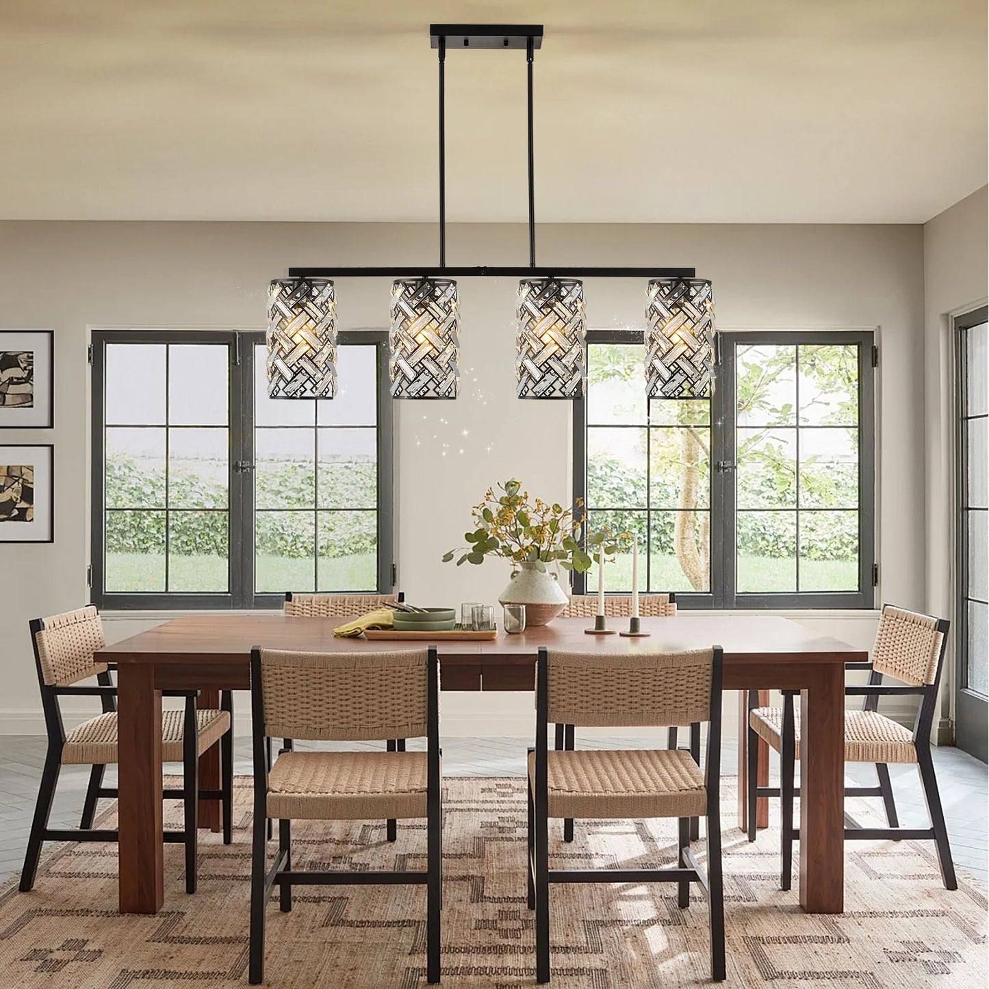 40" Crystal Kitchen Island Lighting 4 Lights Modern Black Linear Chandelier Dining Room Light Fixture Over Table Luxury Ceiling Pendant Light Fixture