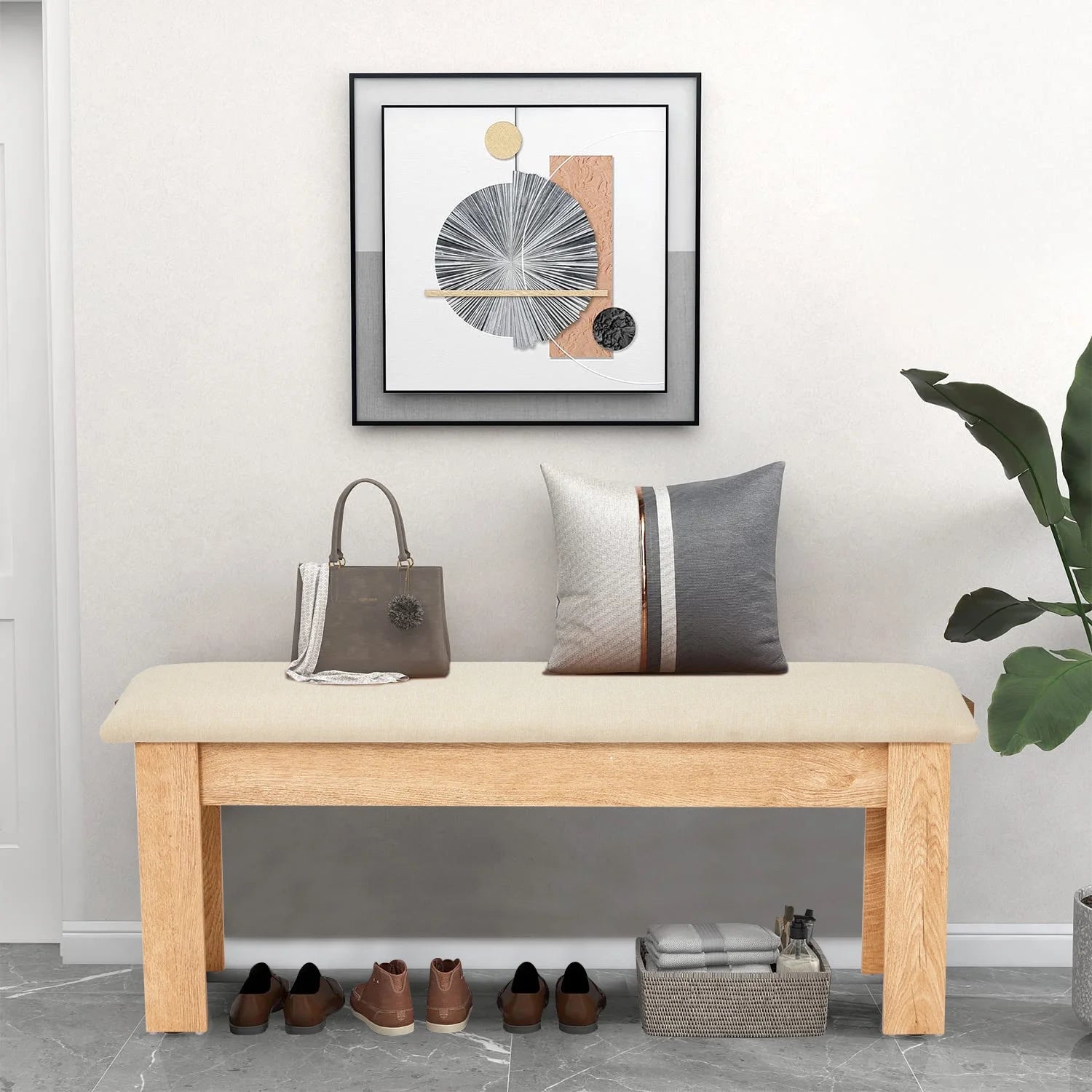 AVAWING 44" Dining Room Bench Set of 2, Wood & Linen Fabric Kitchen Benches, Beige & Natural