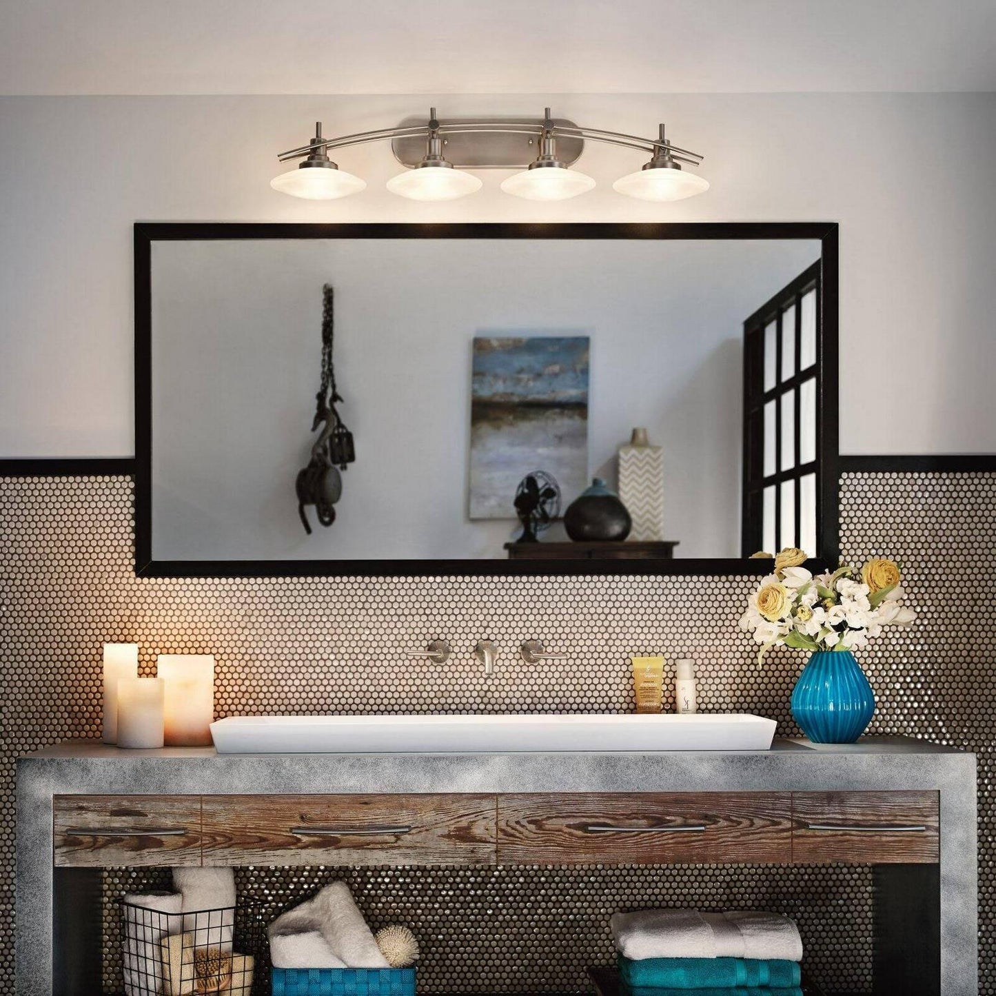 4 Light Bath Vanity Approved For Damp Locations With Contemporary Inspirations 40 Inches Wide Kichler Lighting 6464Ni