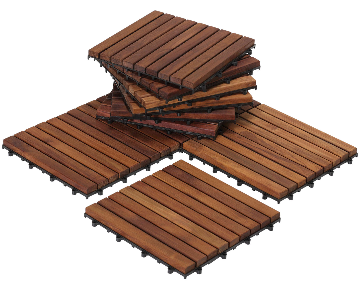 Bare Decor EZ-Floor Interlocking Flooring Tiles in Solid Teak Wood (Set of 10), Long 9 Slat