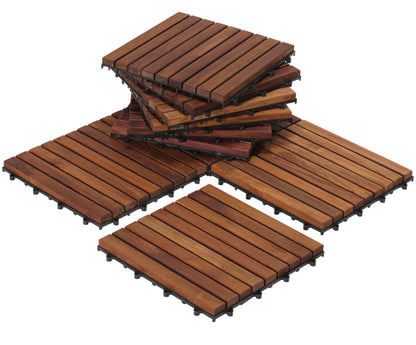 Bare Decor EZ-Floor Interlocking Flooring Tiles in Solid Teak Wood (Set of 10), Long 9 Slat