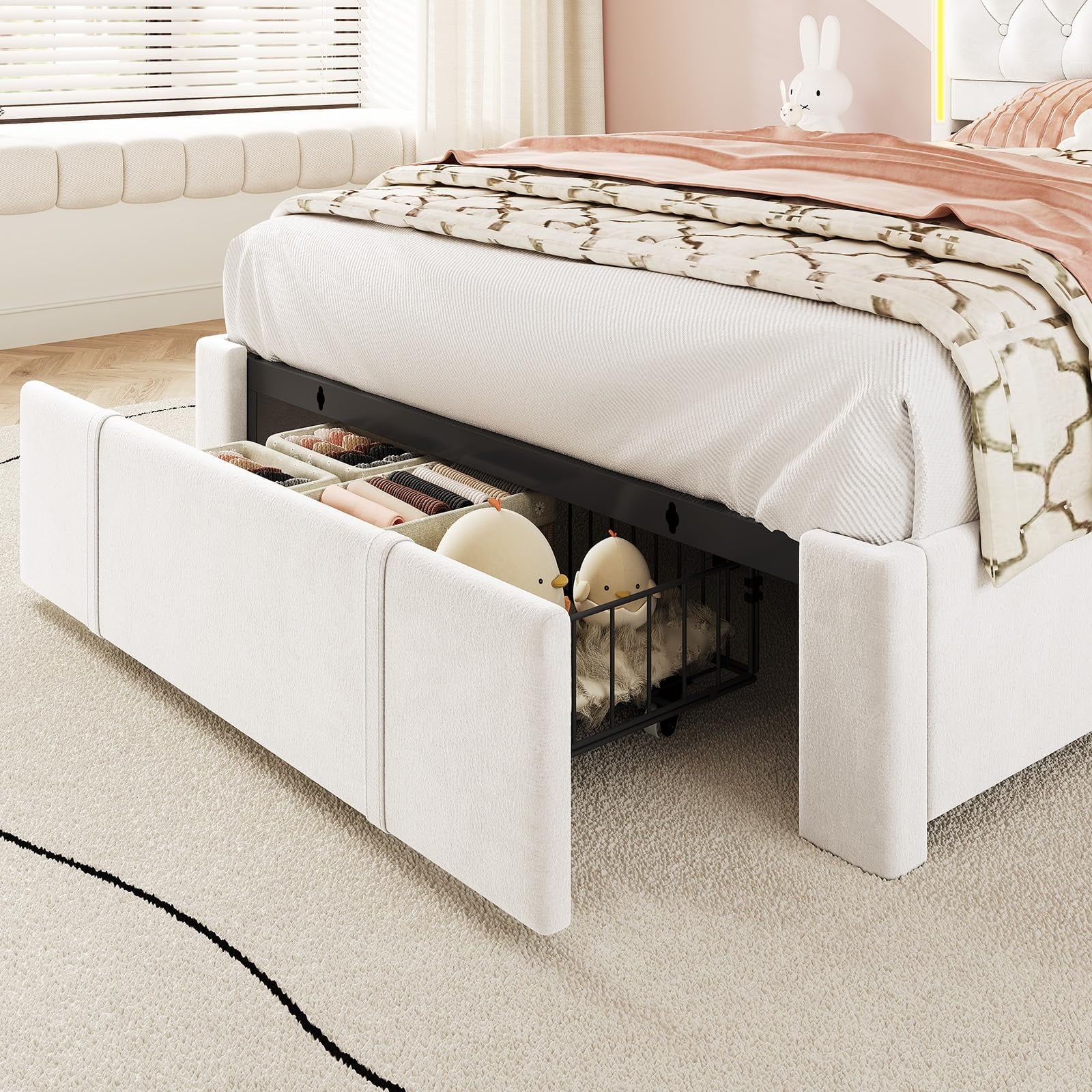 Platform Bed Twin Size with Storage Drawers and Headboard,, Twin Size Velvet Upholstered Bed with RGB Lighting and Power Outlet, No Box Spring Needed, Noise-Free, White