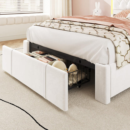 Platform Bed Twin Size with Storage Drawers and Headboard,, Twin Size Velvet Upholstered Bed with RGB Lighting and Power Outlet, No Box Spring Needed, Noise-Free, White