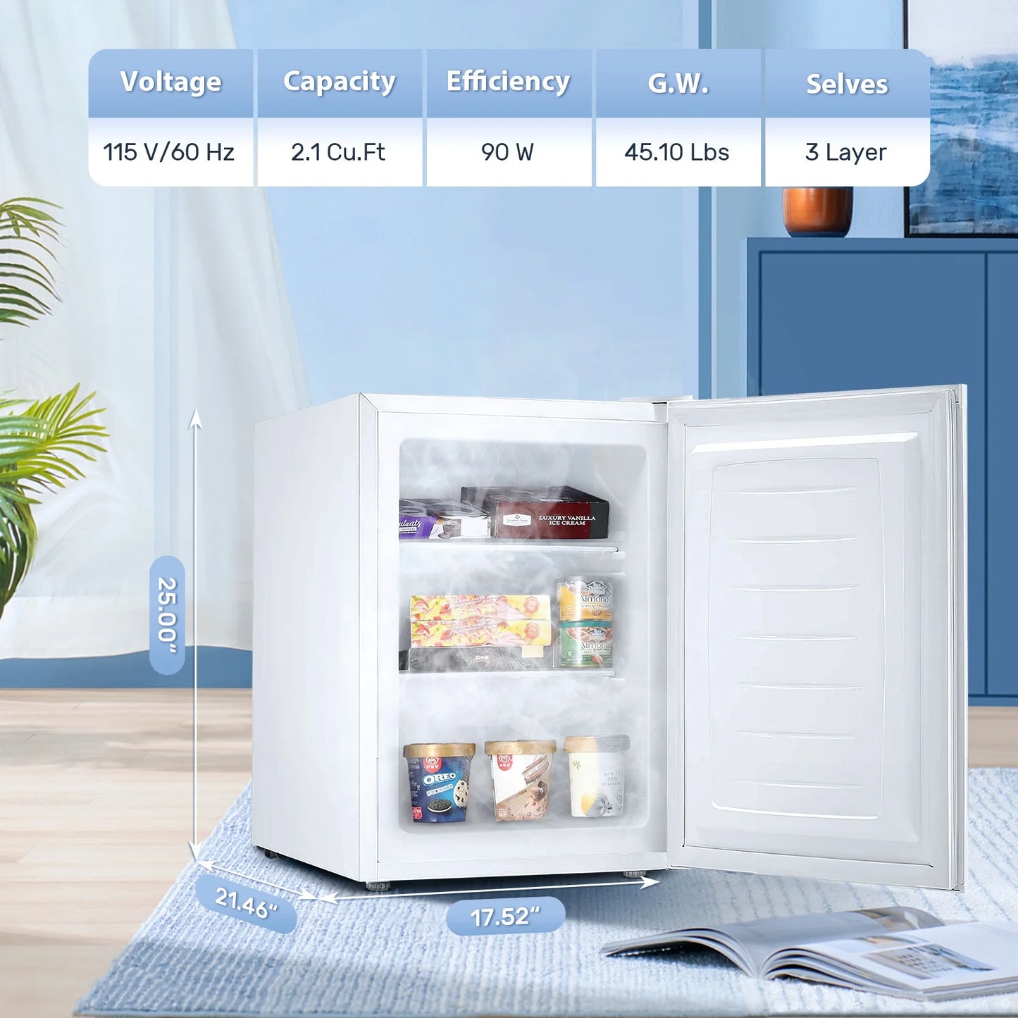 Auseo Mini Freezer Countertop, Energy Saving 2.6 Cu.ft, Single Door Compact Upright Freezer with Reversible Door for Home/Office/Kitchen-White