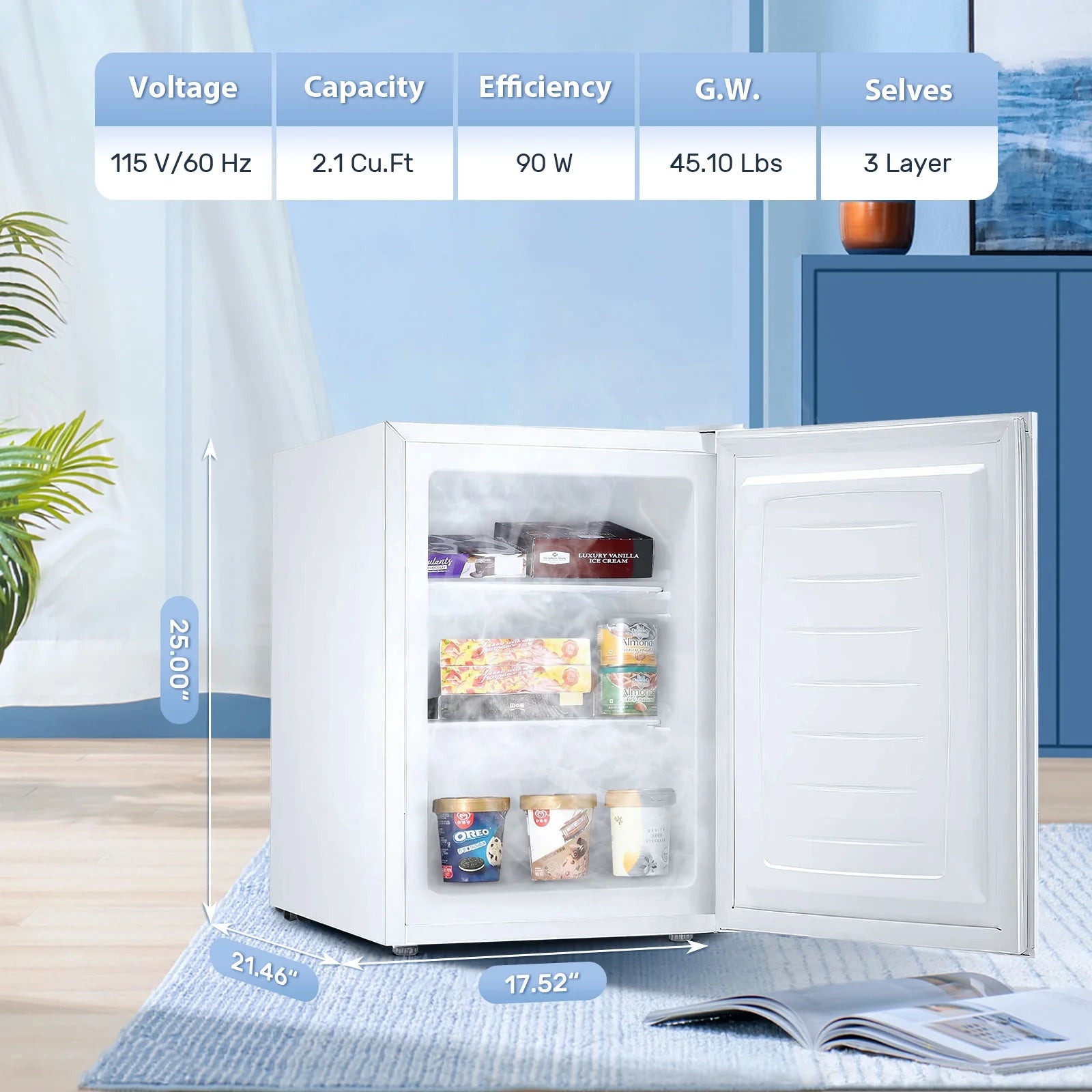 Auseo Mini Freezer Countertop, Energy Saving 2.6 Cu.ft, Single Door Compact Upright Freezer with Reversible Door for Home/Office/Kitchen-White