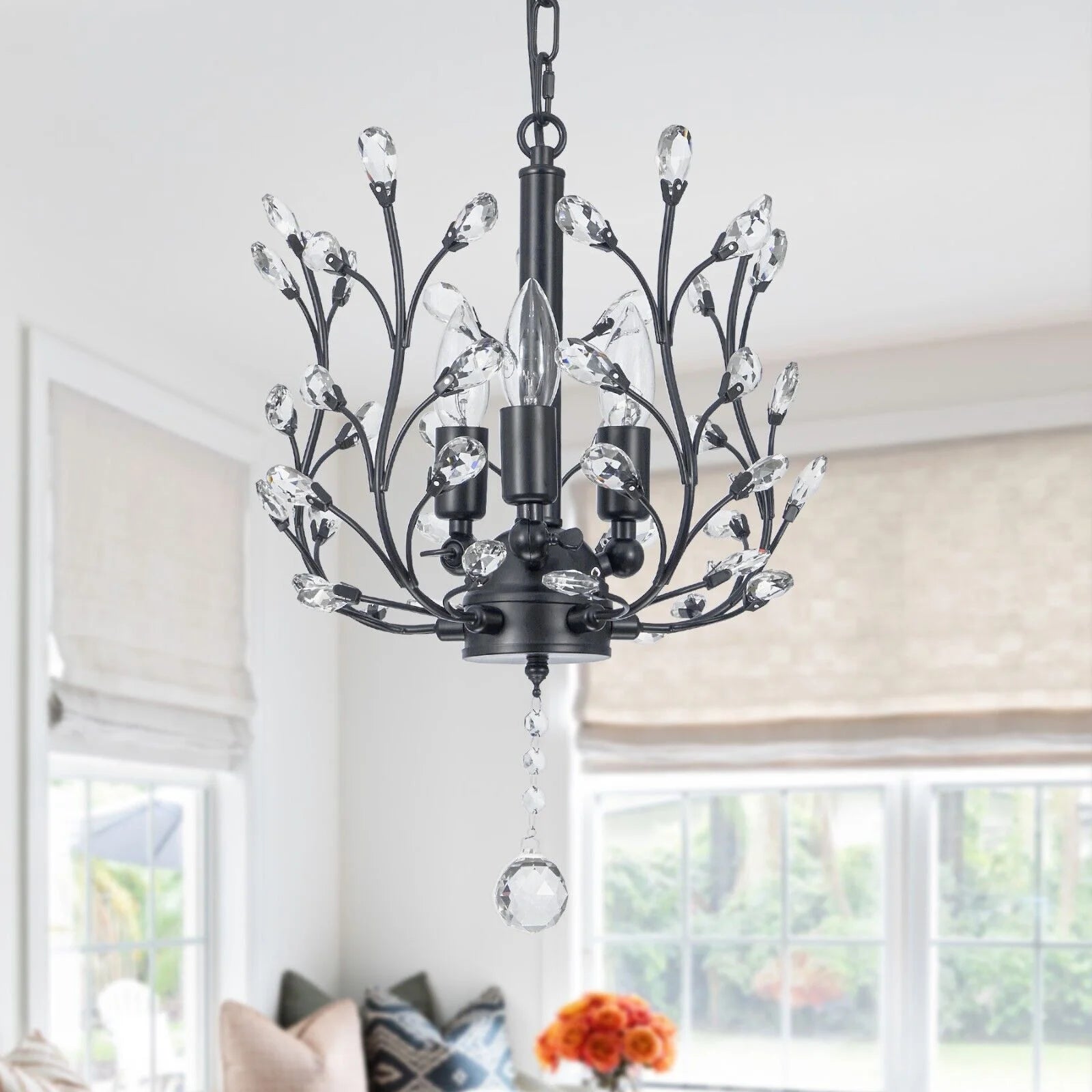 FINE MAKER 18-inch branch flower-shaped crystal chandelier, 3-head living room chandelier, bedroom study lighting fixture (black)