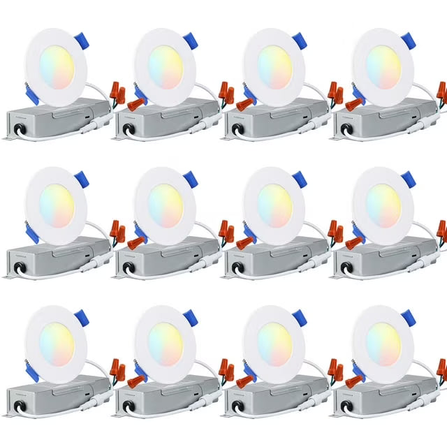 12 Pack 5CCT 3" Ultra-Thin LED Recessed Lighting with J-Box, CRI90, Aluminum, 2700K3000K3500K4000K5000K, 5%-100% Dimmable Slim Recessed Downlight, 6W 450LM, ETL& ES