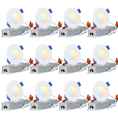 12 Pack 5CCT 3" Ultra-Thin LED Recessed Lighting with J-Box, CRI90, Aluminum, 2700K3000K3500K4000K5000K, 5%-100% Dimmable Slim Recessed Downlight, 6W 450LM, ETL& ES