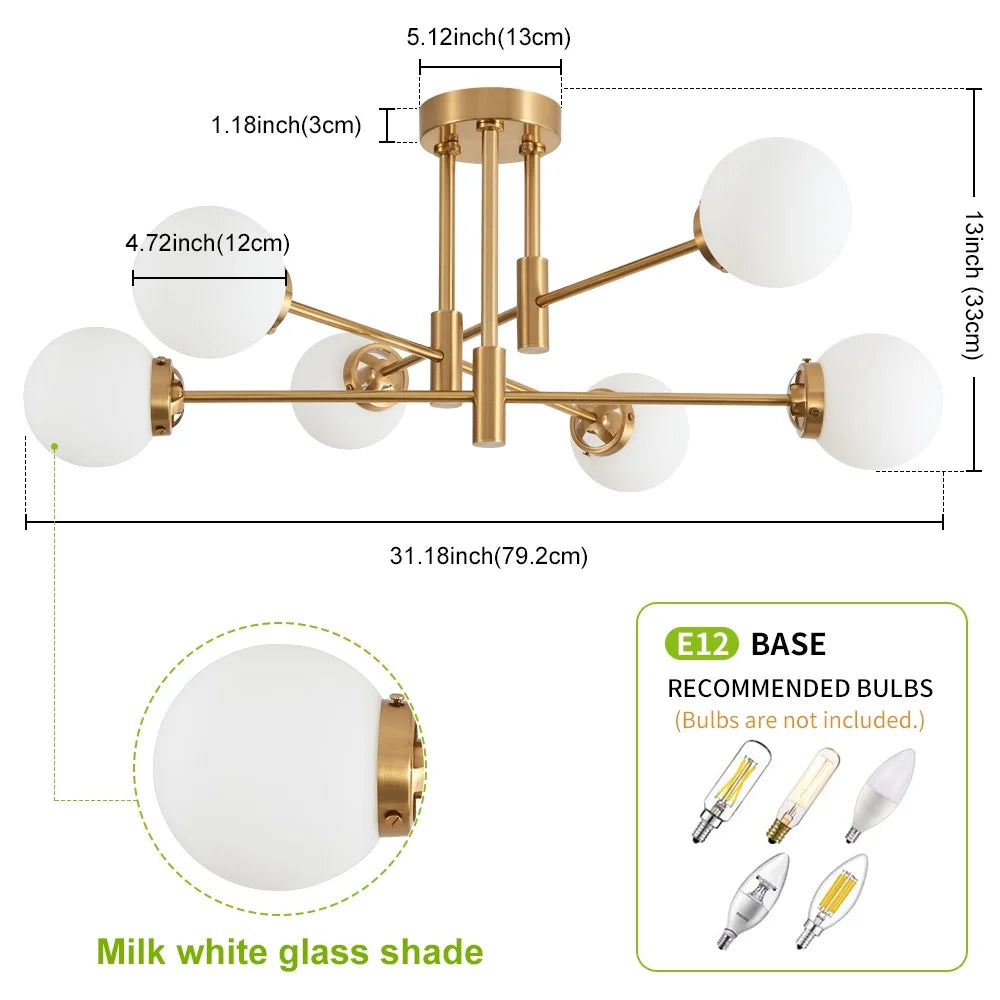 Deyidn Modern 6-Light Sputnik Chandelier with Milky White Glass Shades, 31 Inch Gold Pendant Lighting for Dining Room