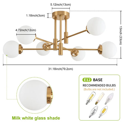 Deyidn Modern 6-Light Sputnik Chandelier with Milky White Glass Shades, 31 Inch Gold Pendant Lighting for Dining Room