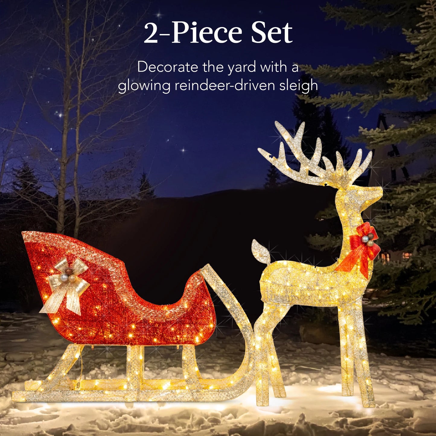Best Choice Products Lighted Christmas 4ft Reindeer & Sleigh Holiday Outdoor Decor Set w/205 LED Lights, Stakes - Gold