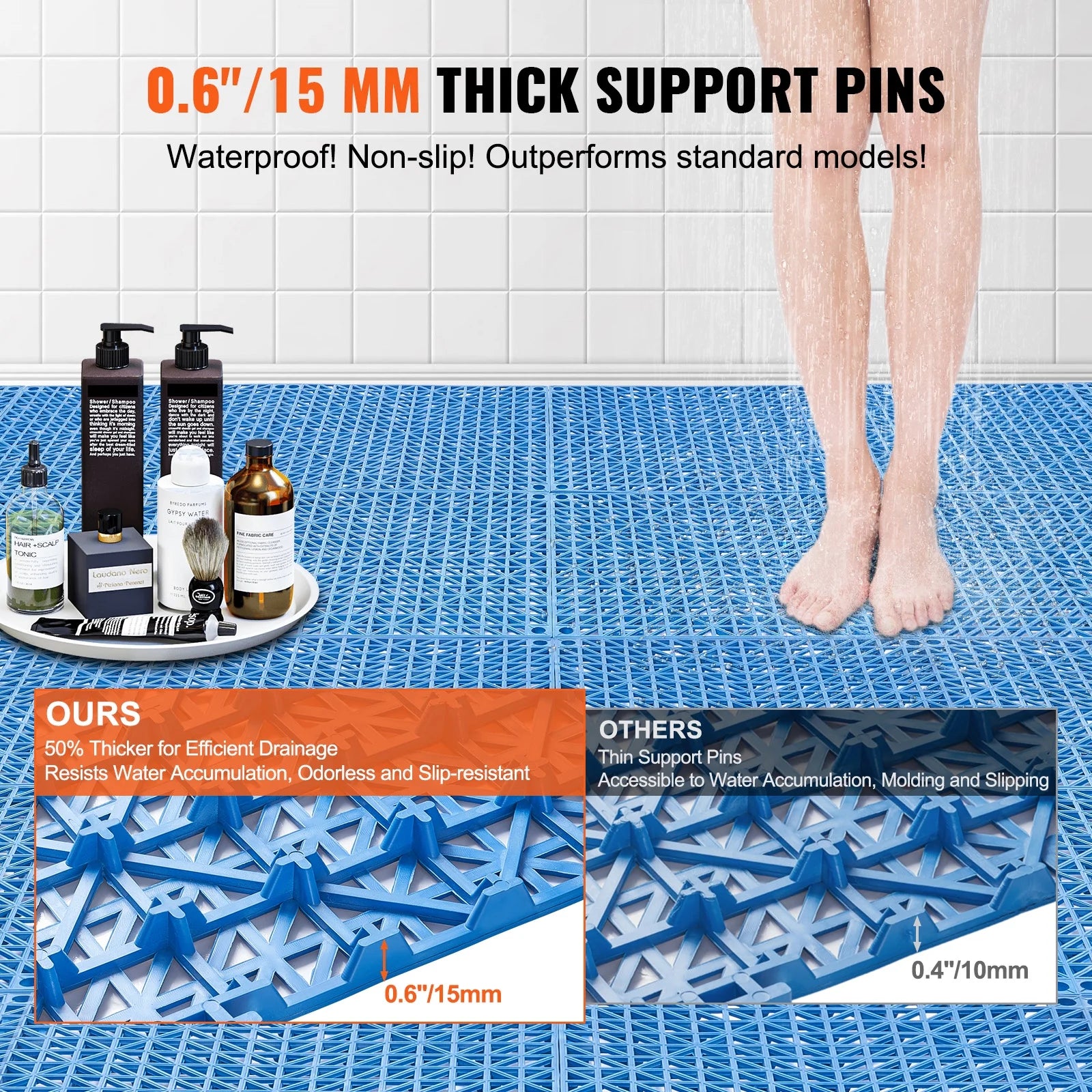KFFKFF Connectable Tiles in Blue, 55PCS, Measuring 12" x 12" Each, Composed of Gentle PVC, Featuring Interlocking Drainage Floor Tiles, Slip-Resistant with Drainage Openings, in Blue