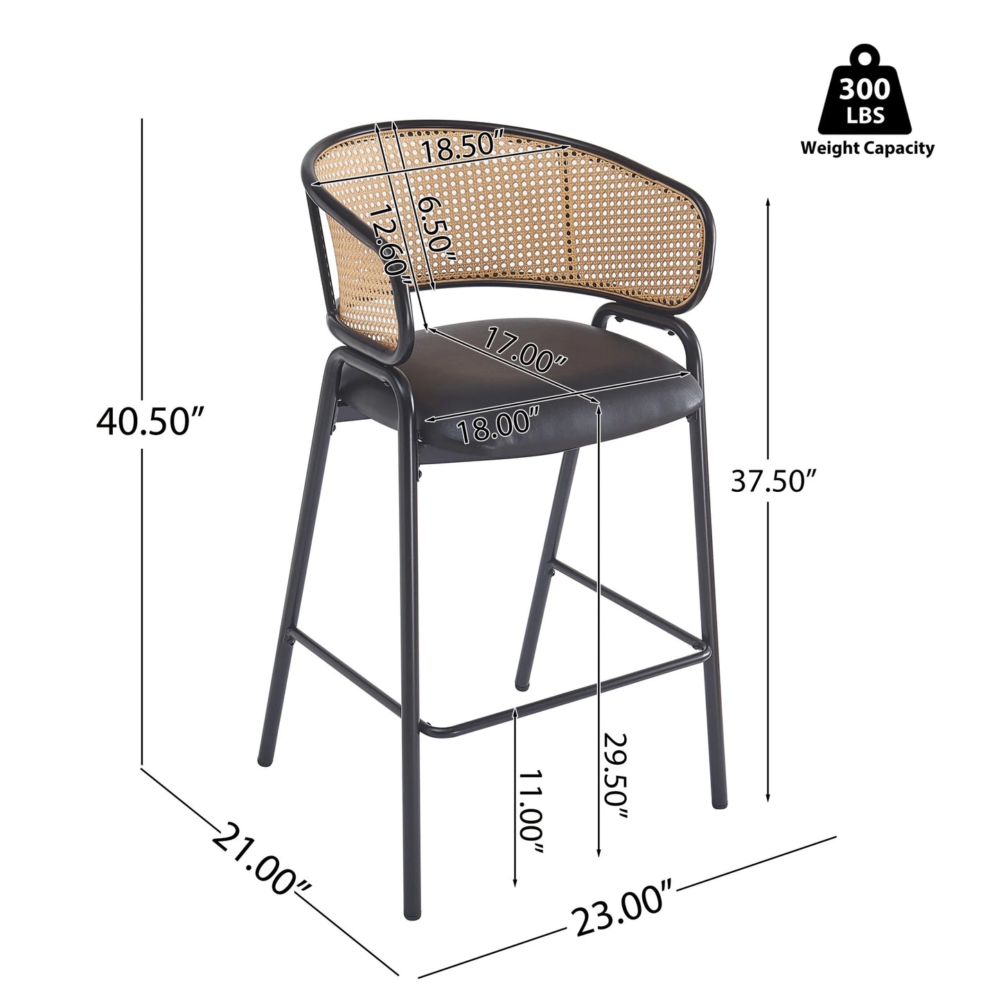 Christopher Knight Home 29.5" PU Upholstered Bar Stool with Woven Rattan Backrest & Iron Frame, Black, Set of 2