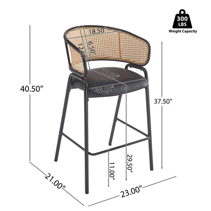 Christopher Knight Home 29.5" PU Upholstered Bar Stool with Woven Rattan Backrest & Iron Frame, Black, Set of 2