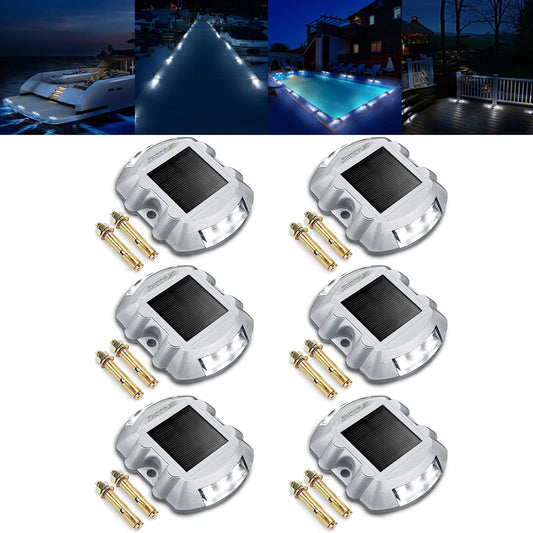 6x Outdoor Waterproof Solar Driveway Marker Lights with Switch Solar Dock Lights LED Deck Lighting Warning Road Studs for Boat Pathway Runway,White