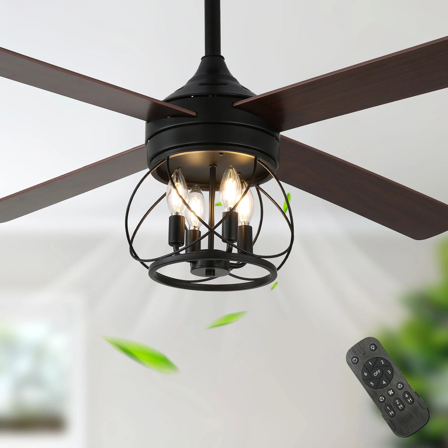 52" Farmhouse Ceiling Fan 4-Light Wood Lighting Reversible Blades with Light and Remote Control 6 Speed