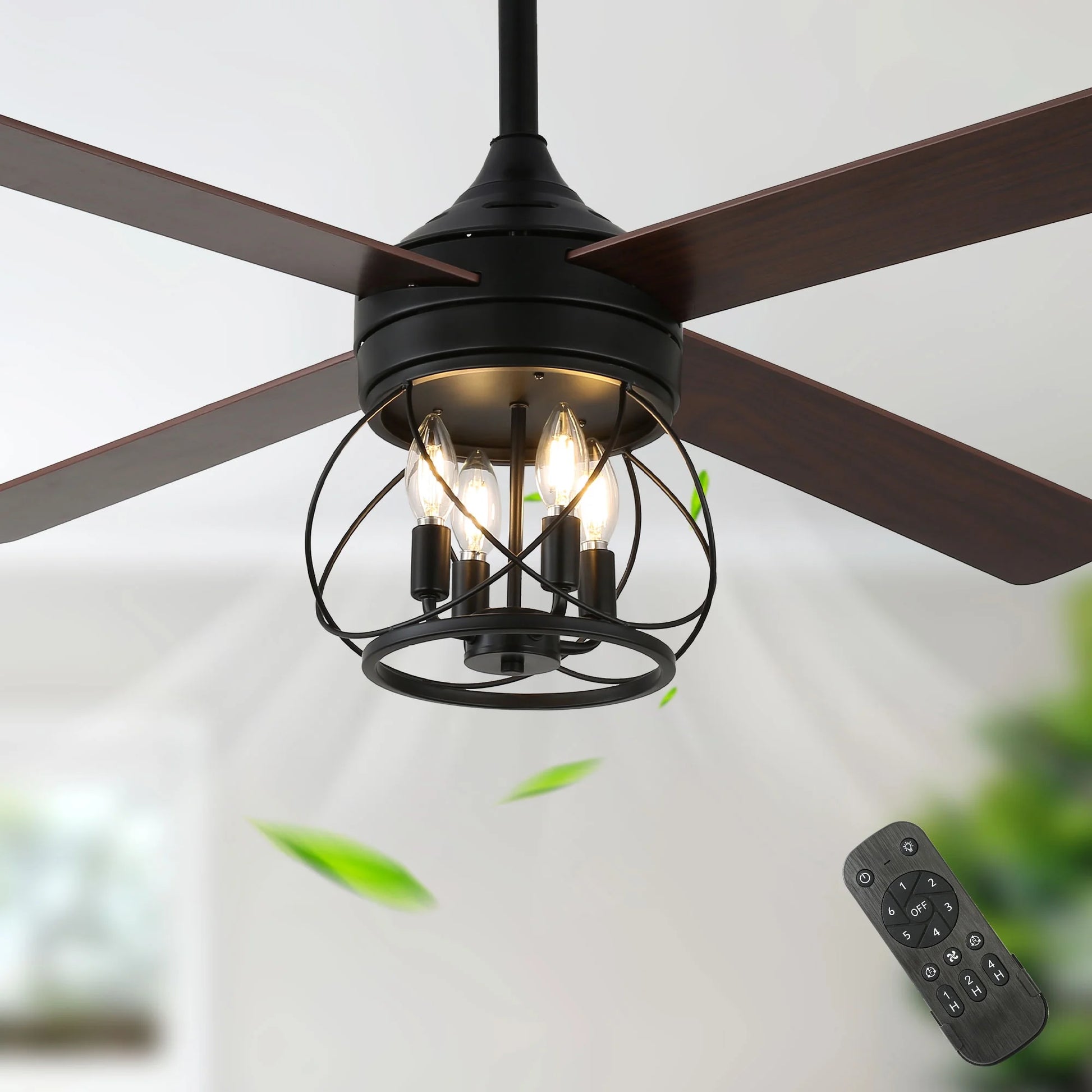 52" Farmhouse Ceiling Fan 4-Light Wood Lighting Reversible Blades with Light and Remote Control 6 Speed