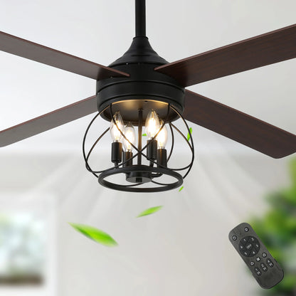 52" Farmhouse Ceiling Fan 4-Light Wood Lighting Reversible Blades with Light and Remote Control 6 Speed