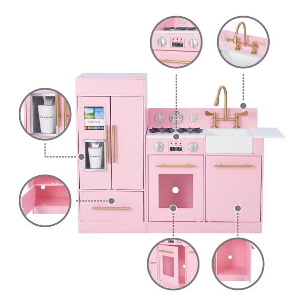 Teamson Kids Little Chef Charlotte Wooden Play Kitchen Set for Toddlers. Pretend Cooking Playset with Stove. Sink & Fridge. Pink/Gold