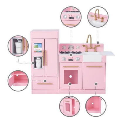 Teamson Kids Little Chef Charlotte Wooden Play Kitchen Set for Toddlers. Pretend Cooking Playset with Stove. Sink & Fridge. Pink/Gold