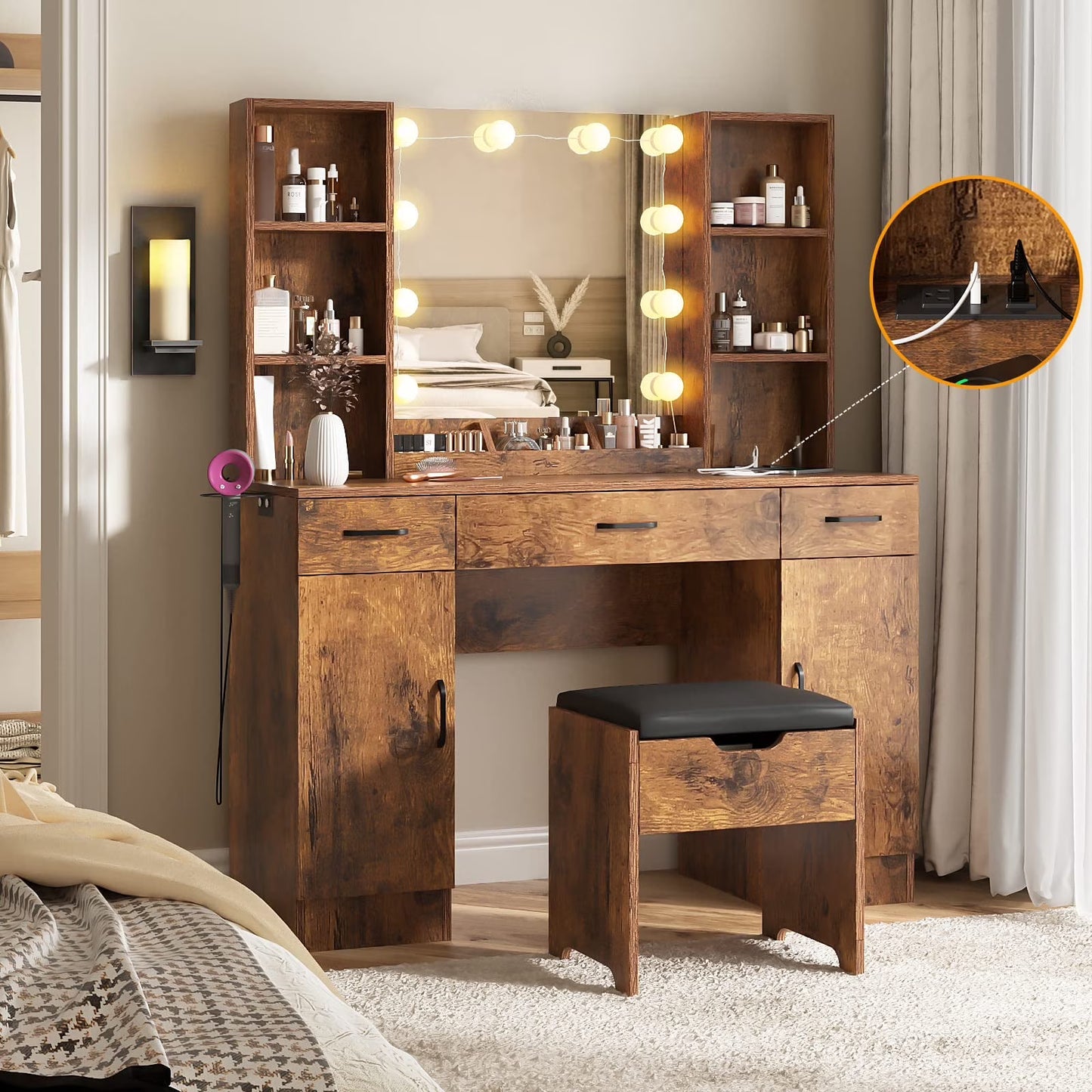 VEANERWOOD Large Makeup Vanity Set with Light Modern Makeup Vanity Table with Storage and Adjustable Lighting Colors for Bedroom 45.2in, White