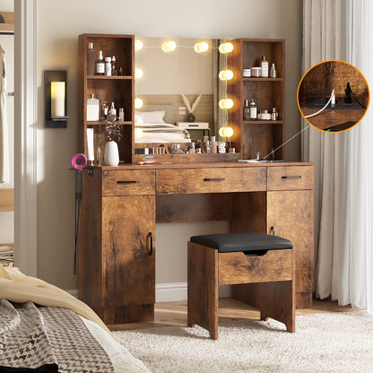 VEANERWOOD Large Makeup Vanity Set with Light Modern Makeup Vanity Table with Storage and Adjustable Lighting Colors for Bedroom 45.2in, White