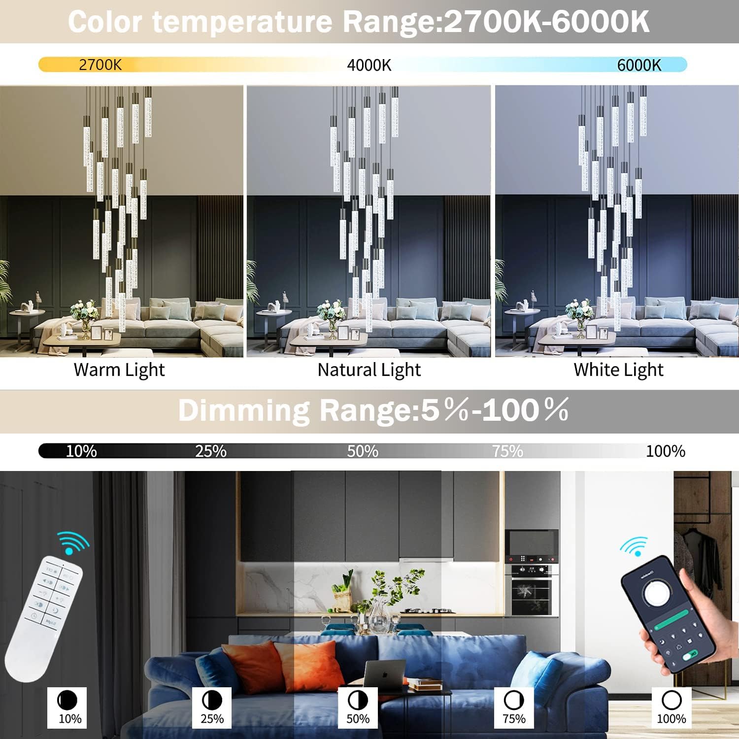 Modern Crystal Chandelier for Living Room, Dimmable Crystal Ceiling Pendant Lights for Staircase, Lobby, Entryway, Foyer High Ceiling Pendant Lighting, Black 50W 6000K 10-Light