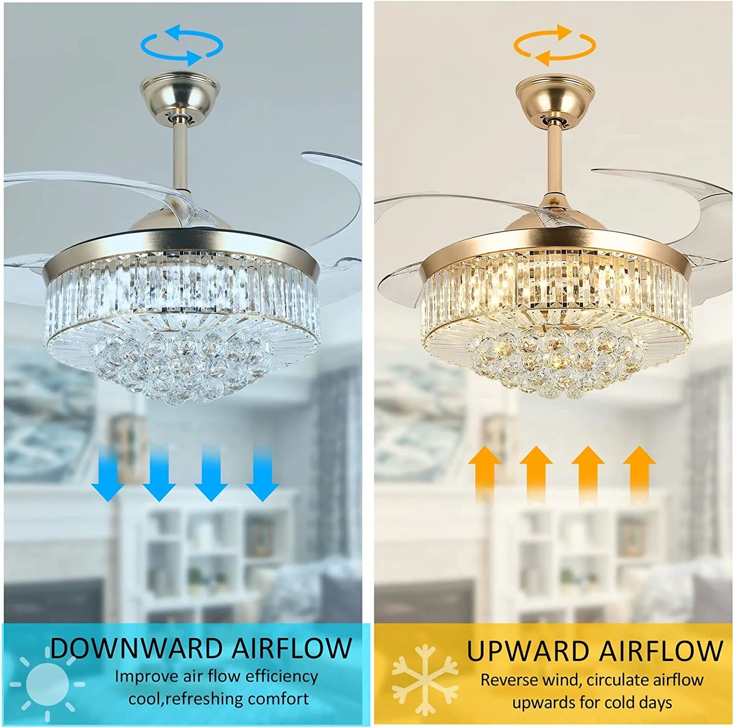 Datingday 42 Inch Crystal Ceiling Fan Golden Crystal Ceiling Fan Chandelier with Remote 6 Speeds 3 Colors Changes Lighting Fixture, 4 Blades Retractable Fans for Bedroom Living Room Dining Room