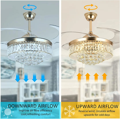 Datingday 42 Inch Crystal Ceiling Fan Golden Crystal Ceiling Fan Chandelier with Remote 6 Speeds 3 Colors Changes Lighting Fixture, 4 Blades Retractable Fans for Bedroom Living Room Dining Room