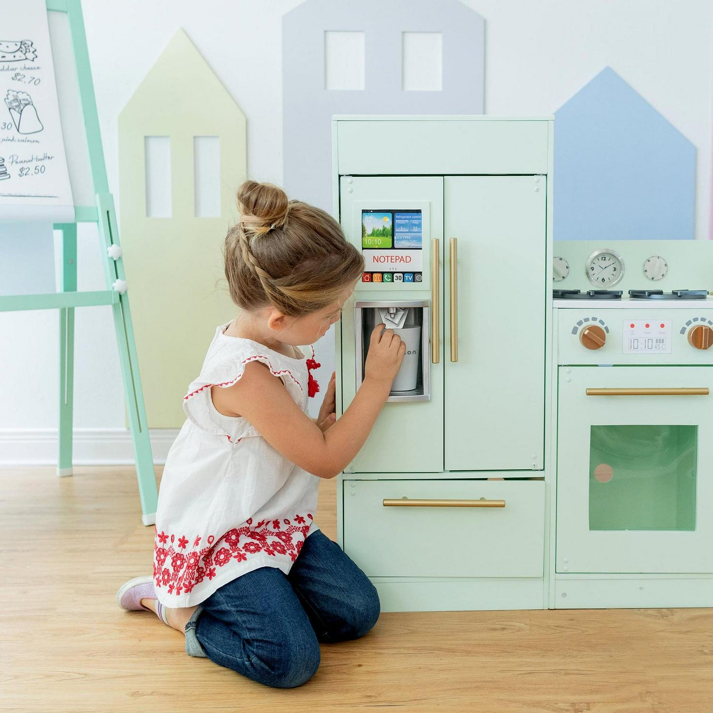 Teamson Kids Little Chef Charlotte Play Kitchen Set – Toddler Wooden Kitchen Playset with Stove. Sink & Refrigerator. Toy Cooking Set for Ages 1-7. Mint/Gold