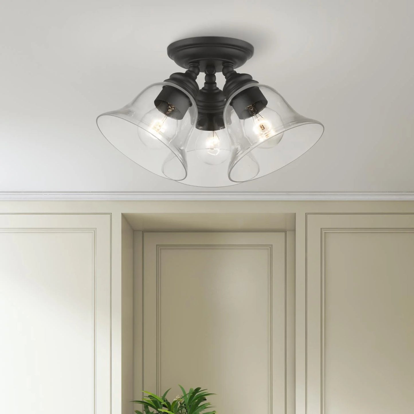 46489-04-Livex Lighting-Moreland - 3 Light Large Semi-Flush Mount In Transitional Style-7.5 Inches Tall and 14.5 Inches Wide-Black Finish