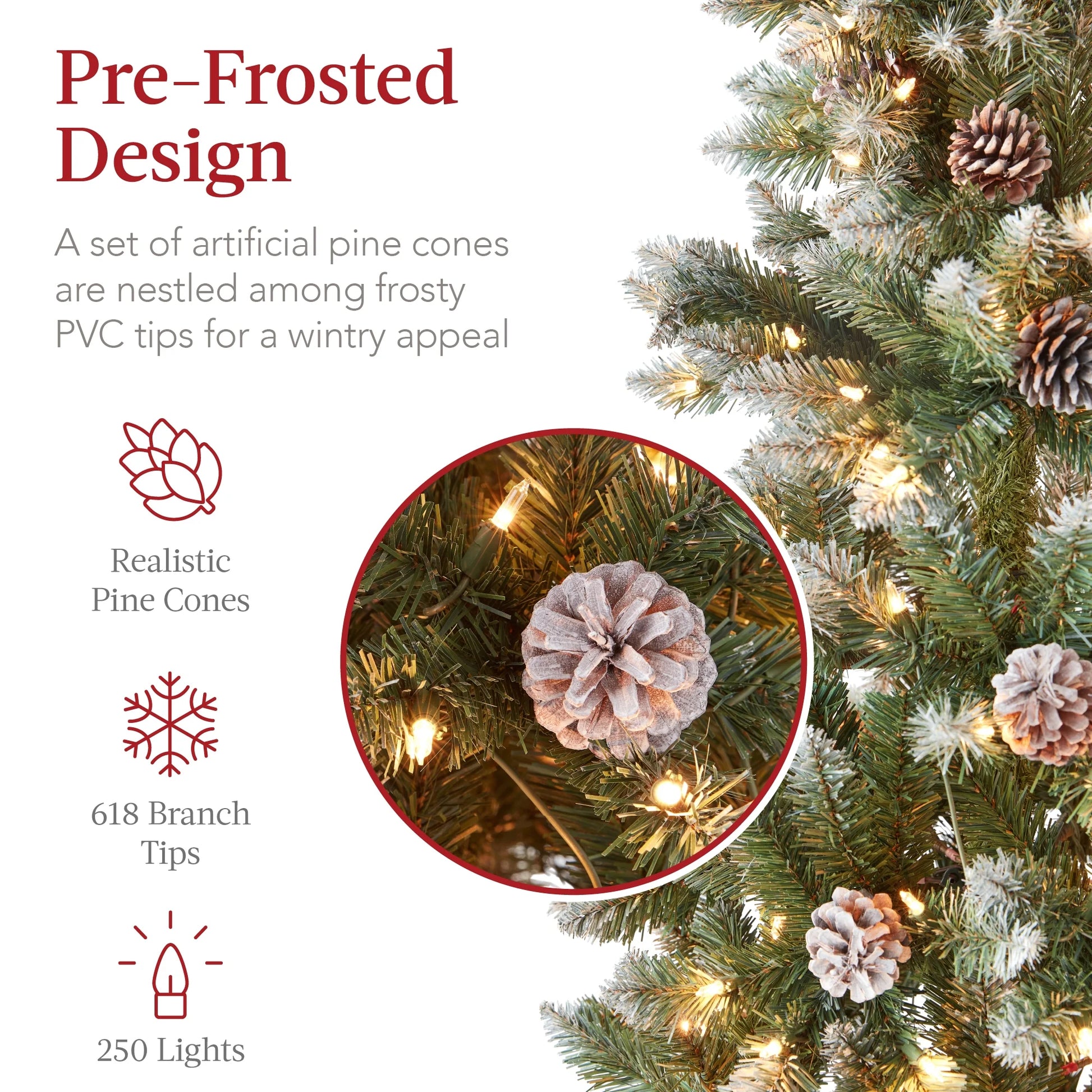 Best Choice Products 6ft Pre-Lit Partially Flocked Pencil Christmas Tree w/250 Lights, Pine Cones, Foldable Stand