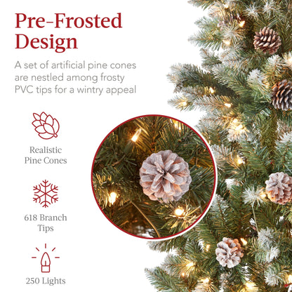 Best Choice Products 6ft Pre-Lit Partially Flocked Pencil Christmas Tree w/250 Lights, Pine Cones, Foldable Stand