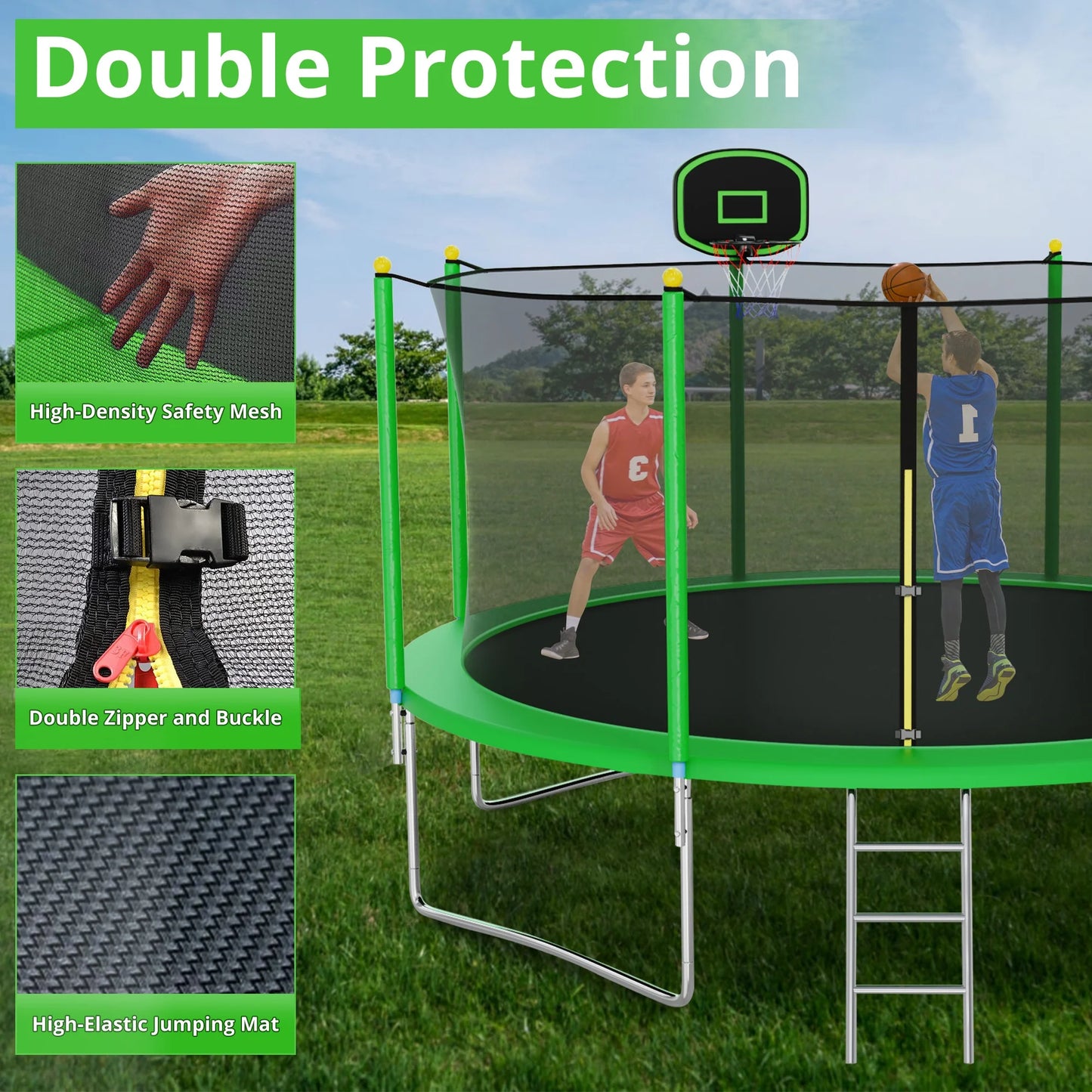 CITYLE 12FT Trampoline for Adults and Kids, No-Gap Design Heavy-Duty Outdoor Trampoline with Enclosure Net, Basketball Hoop, Lights, Wind Stakes, Christmas Birthday Gift