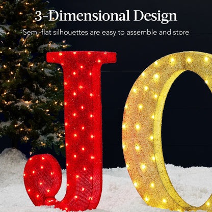 Best Choice Products 32in 3-Piece 3D Lighted Christmas JOY Yard Decoration w/150 LED Lights, Stakes - Red/Gold/Green