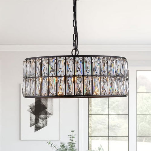 ACE-LIGHTS,17.7 Inch 6-Light Modern Crystal Drum Chandelier(Bulbs Not Included),Pendant Lighting Fixture with Black Metal Frame for Living Room,Dining Room,Bedroom,Kitchen Islands(Black)