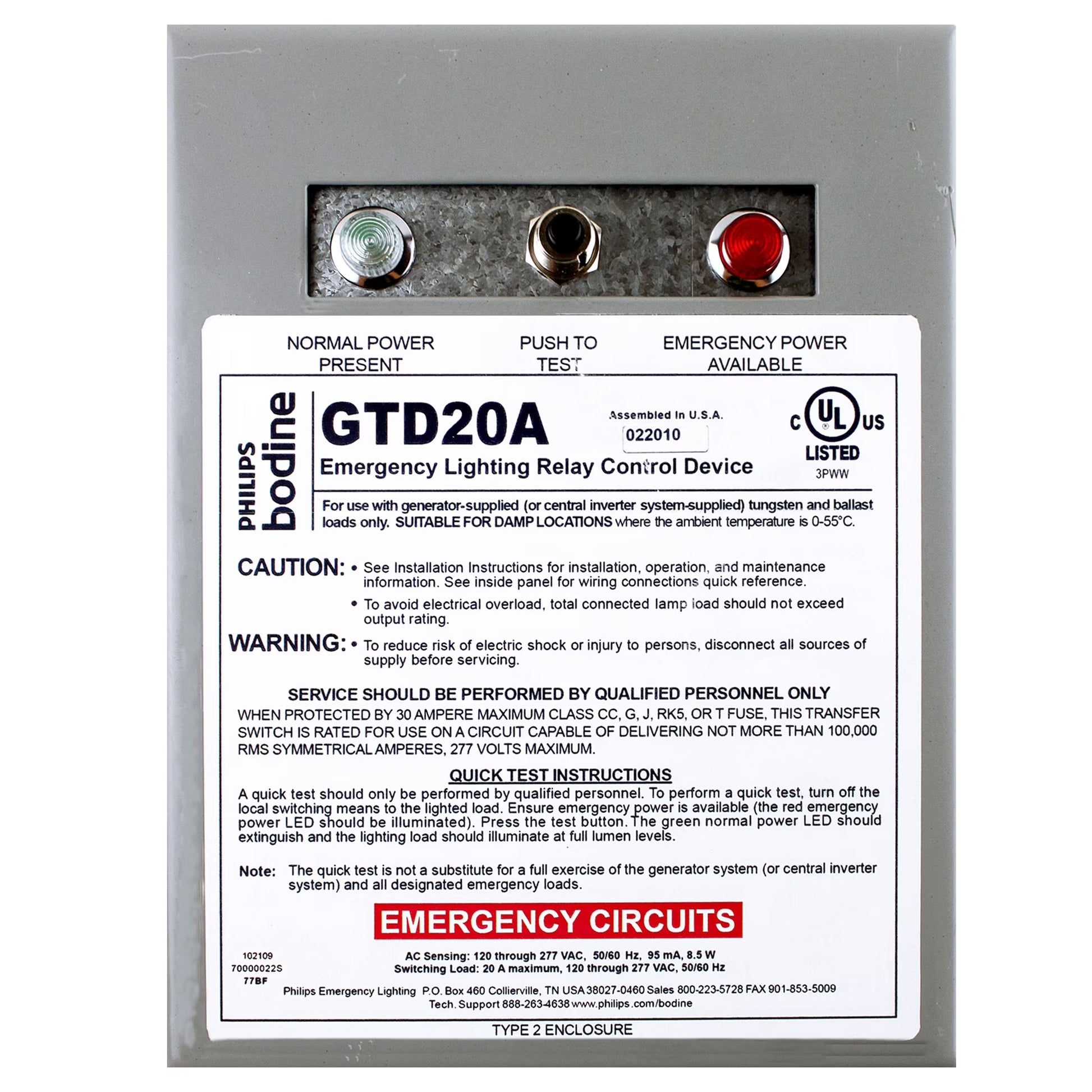 Bodine GTD20A Lighting Relay Control Transfer/Bypass Device