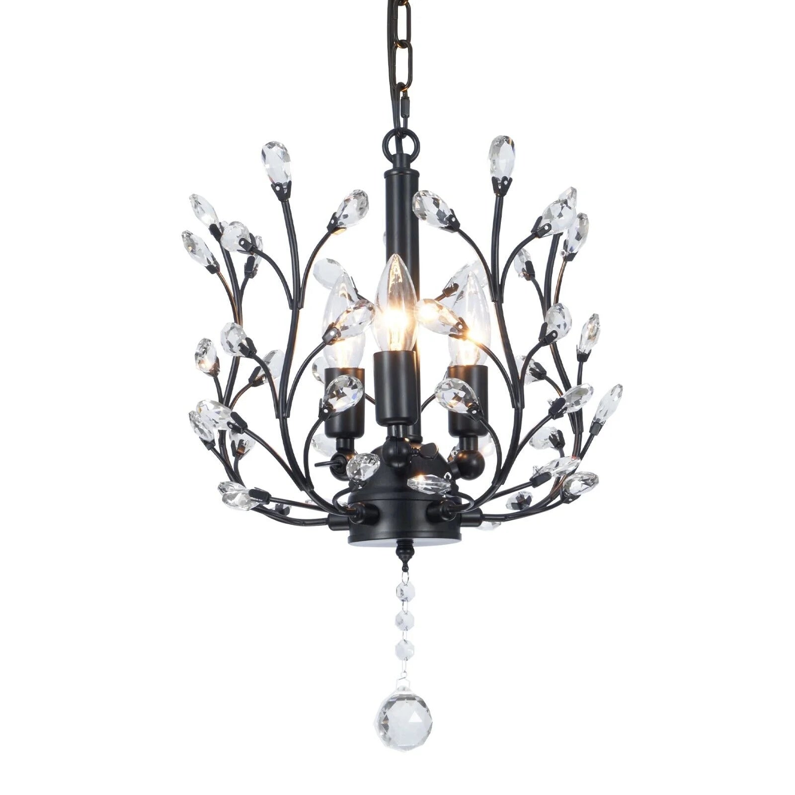 FINE MAKER 18-inch branch flower-shaped crystal chandelier, 3-head living room chandelier, bedroom study lighting fixture (black)