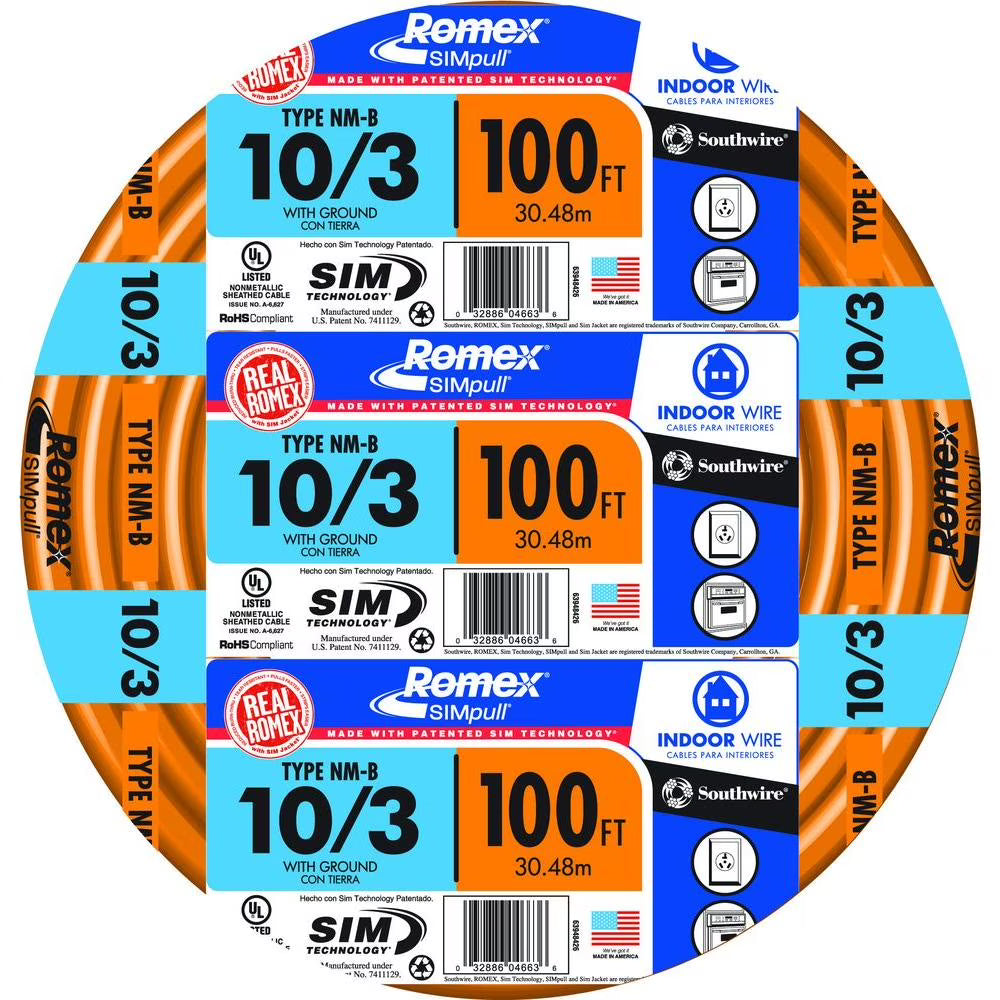 Southwire 63948426 100' 10/3 with ground Romex brand SIMpull residential indoor electrical wire type NM-B Orange