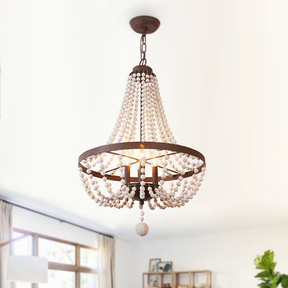 Oaks Aura 4-Light Farmhouse Wood Beaded Chandelier Adjustable Height Black Finish Boho Pendant Lighting
