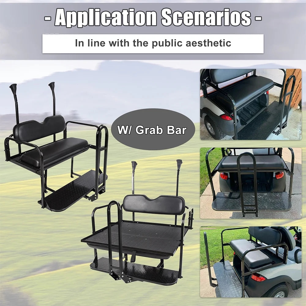 Kojem Flip Folding Rear Black Seat Kit for 2004-up Club Car Precedent Gas or Electric Models Golf Cart w/Extra Handle Bar w/Roof Support - 3 Packages & All Hardware