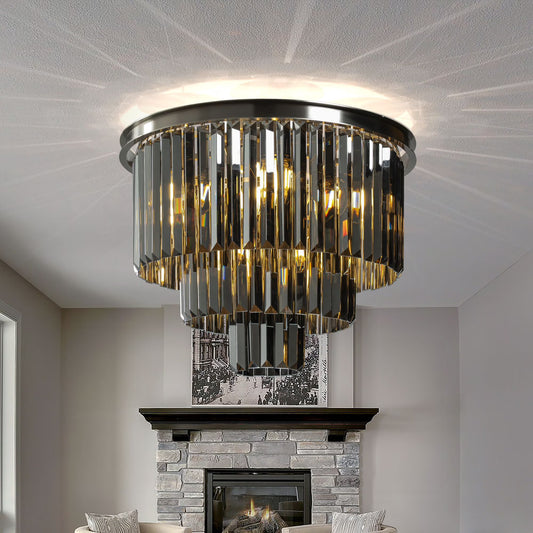 10-Light W20 in Modern Round Fringe Crystal Flush Mount Ceiling Lighting in Polished Nickel with Tiered Smoke Crystal