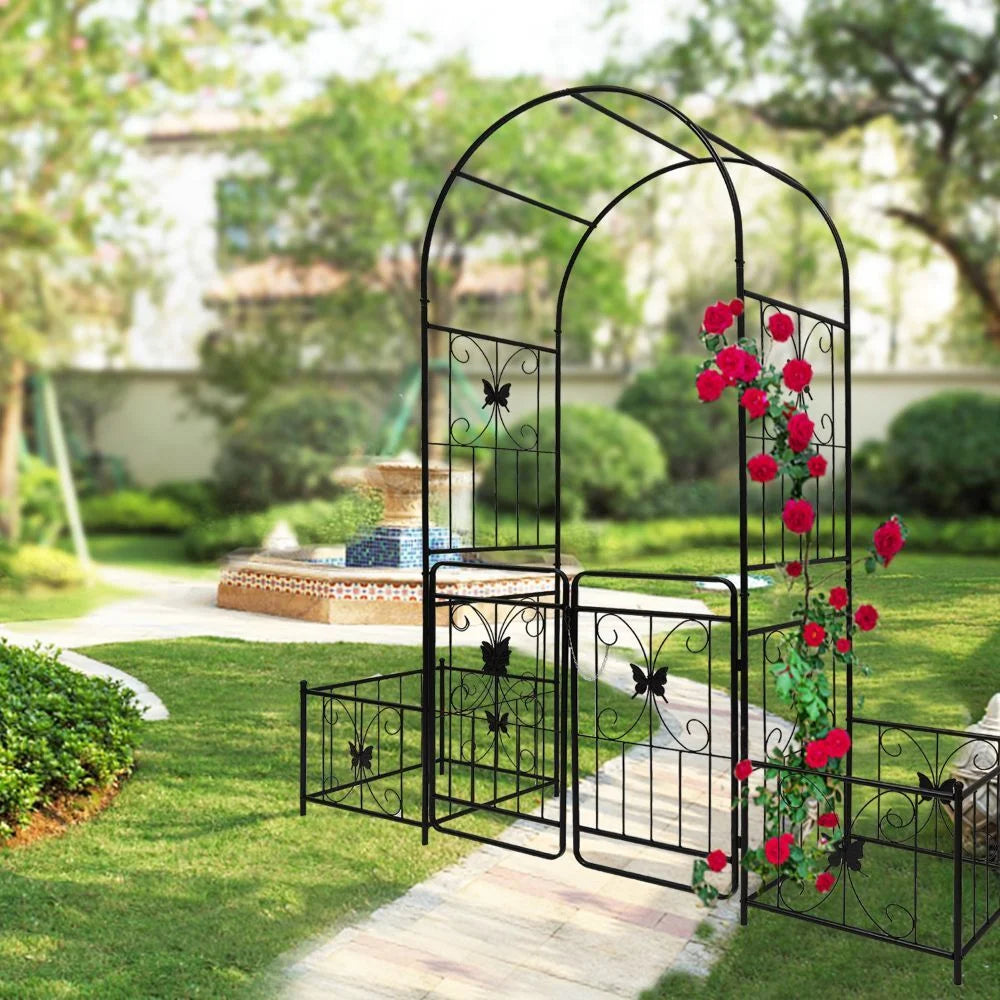 IVV 7.2ft Garden Arbor Arch with Gate and Side Planter Box, Wedding Arch Archway for Ceremony Party, Trellis for Plant Climbing, Christmas Decorations Pergola for Backyard, Lawn, Patio, Yard (Black)