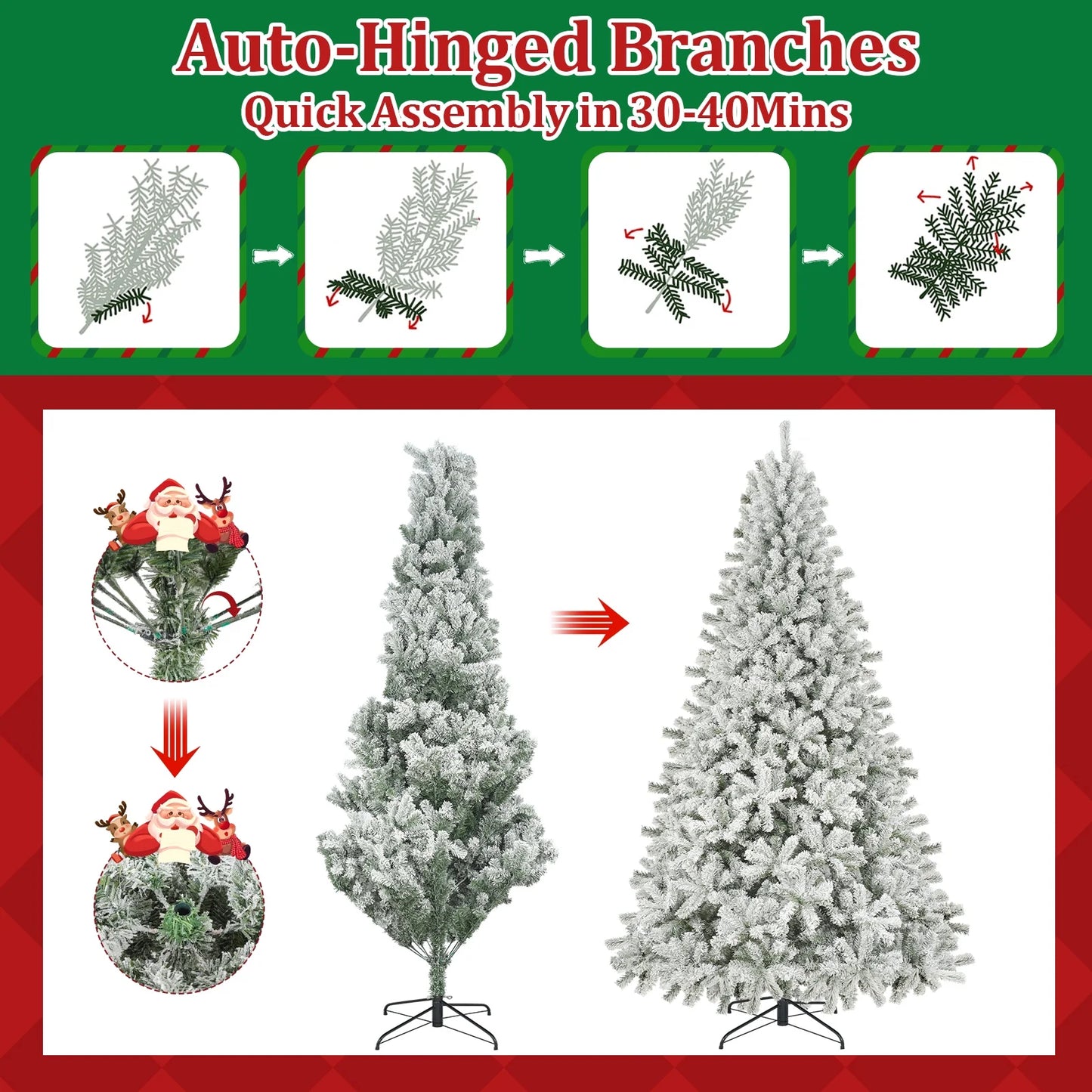 Qunler 9ft Snow Flocked Christmas Tree with 2028 Tips, Artificial Snowy Xmas Pine Tree with Reinforced Metal Base for Home Office Party Holiday Decorations ,White(NO Light)